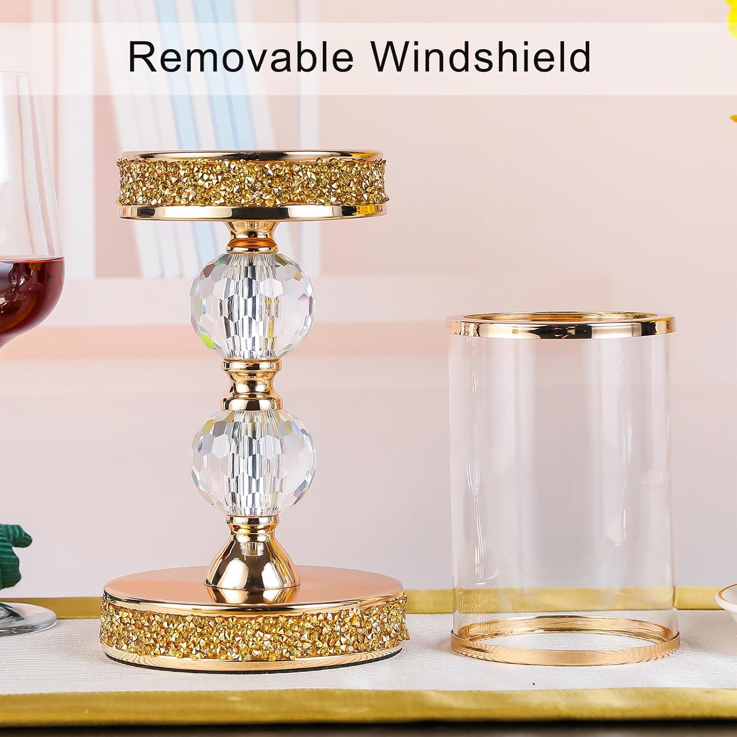 Pillar Candle Holder, 13 Inch Crystal Candlesticks for 3''X5'' Candles, Dining Coffee Table Decor, Wedding, Events, Parties - Glass and Gold Finish