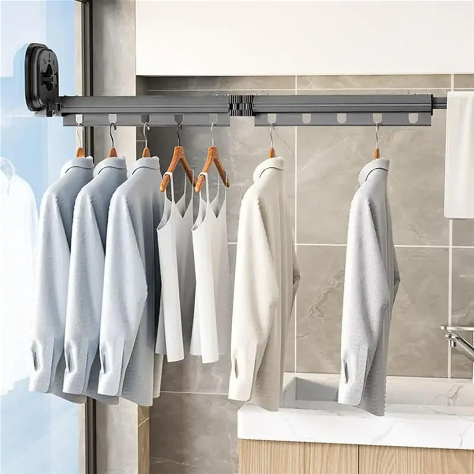 Zusammenklappbarer Kleiderständer for den Innenbereich, ausziehbarer Kleiderständer, platzsparend, for Zuhause, Wäscheleine, Wandmontage, Wäscheleine für Schlafzimmer, Balkon(3 black fold Sucker)
