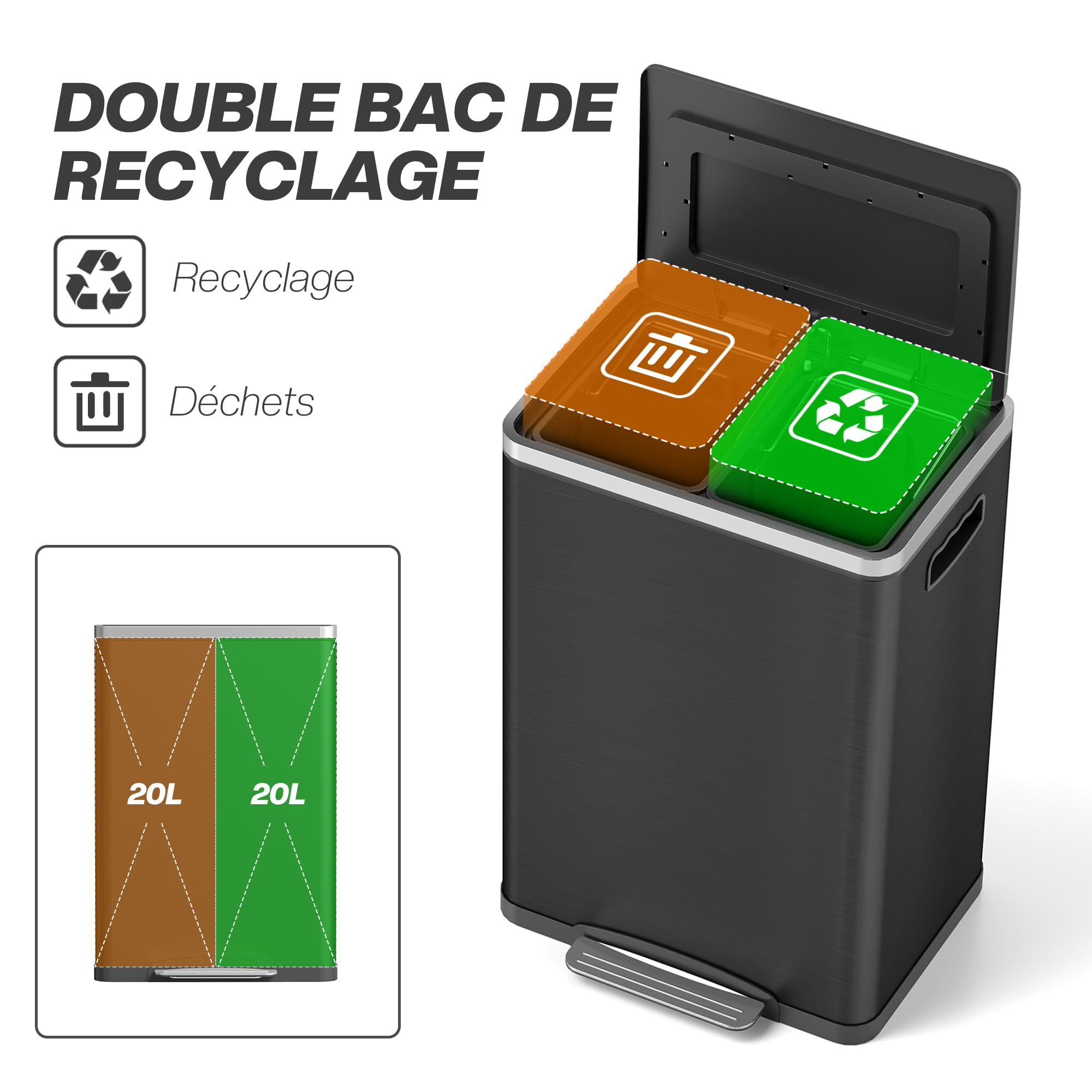 HOMCOM Poubelle de Cuisine à Pédale Double Compartiment 2 x 20L Noir | 2 Seaux Intérieurs Amovibles, Couvercle à Fermeture en Douceur et Poignées Intégrées, Anti-traces, Acier Inoxydable