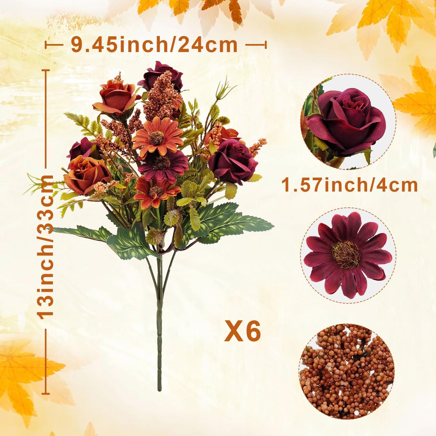 Fall Flowers Artificial for Decoration, 6 Bundles Fake Fall Flowers Faux Rose with Artificial Mums for Outdoors Front Porch Garden Patio Planter Home Table Centerpiece Fall Decor(Fall Red)