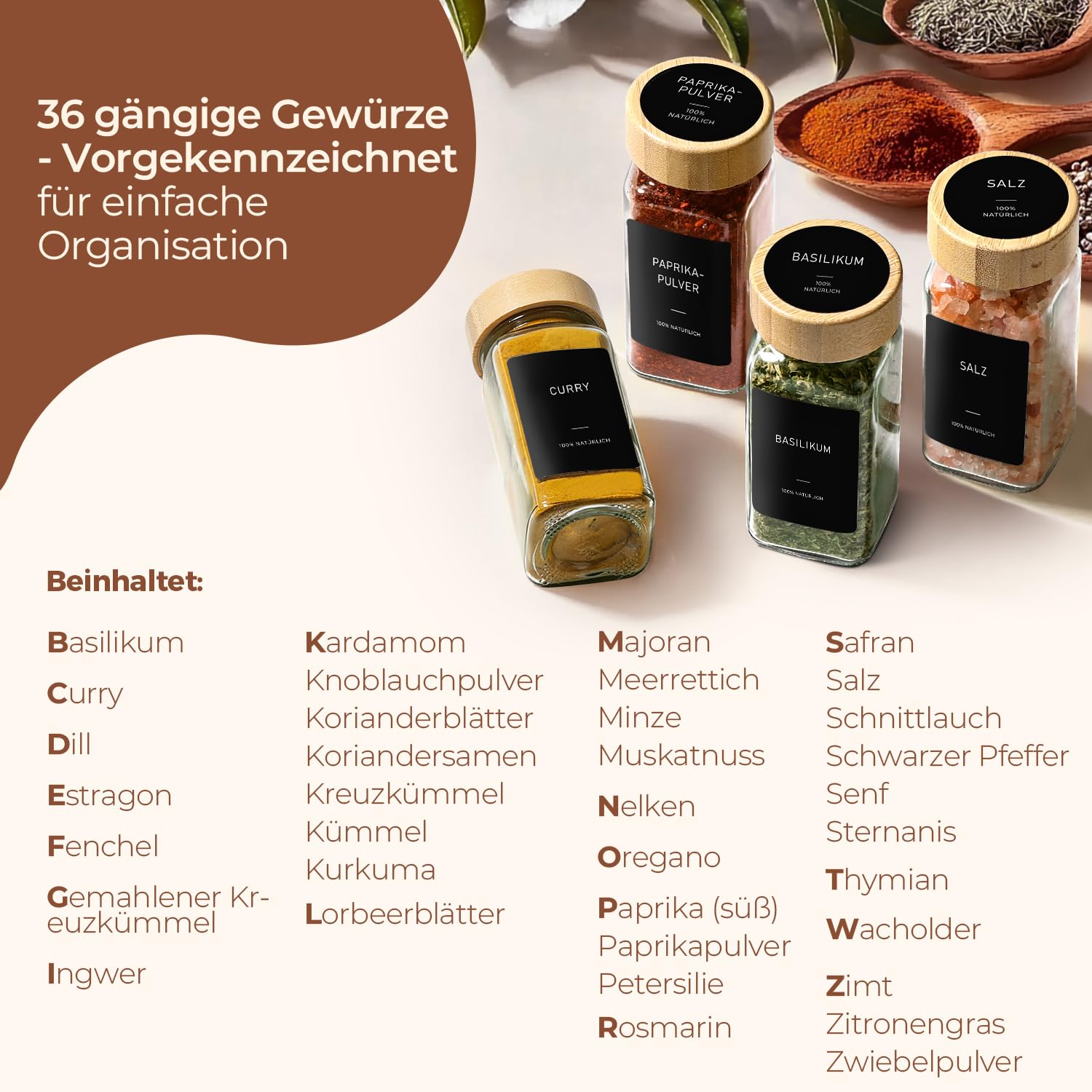 ComSaf barattoli spezie per cucina in vetro 120ml set da 24 con etichette leggibili, contenitori spezie per famiglie e appassionati di cucina, adatti a cassetti e mobili da cucina