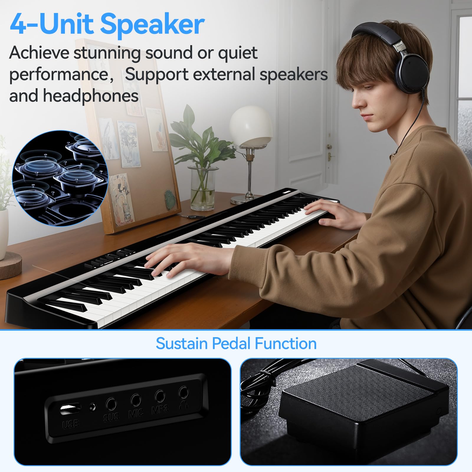 Piano Numérique Portable 88 Touches Pianos avec Z Support TERENCE Clavier de Piano Semi-lesté 88 Touches pour Débutants et Experts, Fonction d'enregistrement audio intégrée Interface Bluetooth MIDI
