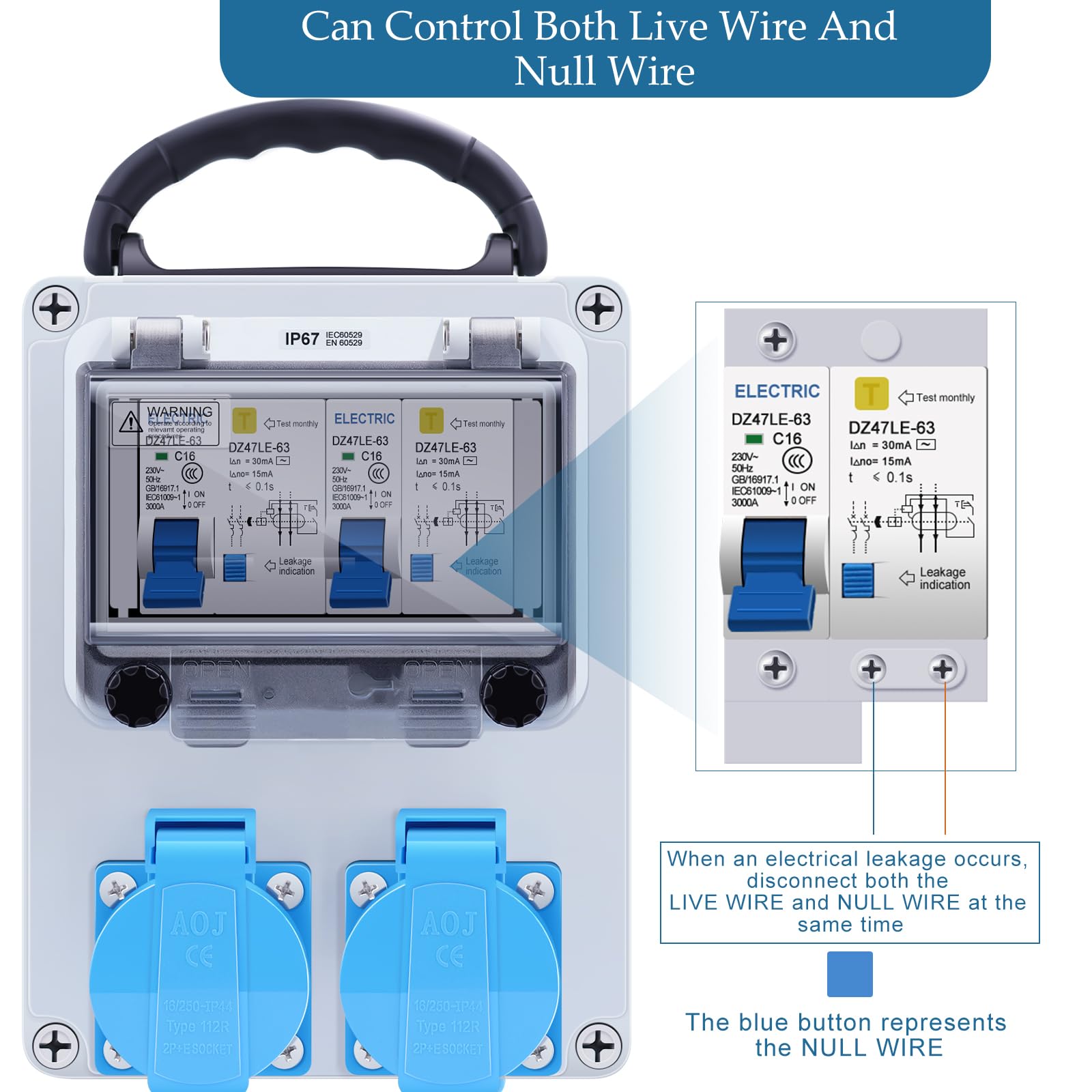 HITRENDS Distributore di corrente da costruzione, precablato, 2 prese Schuko da 250 V, 2 interruttori FI 16 A, alloggiamento impermeabile IP67, per interni ed esterni