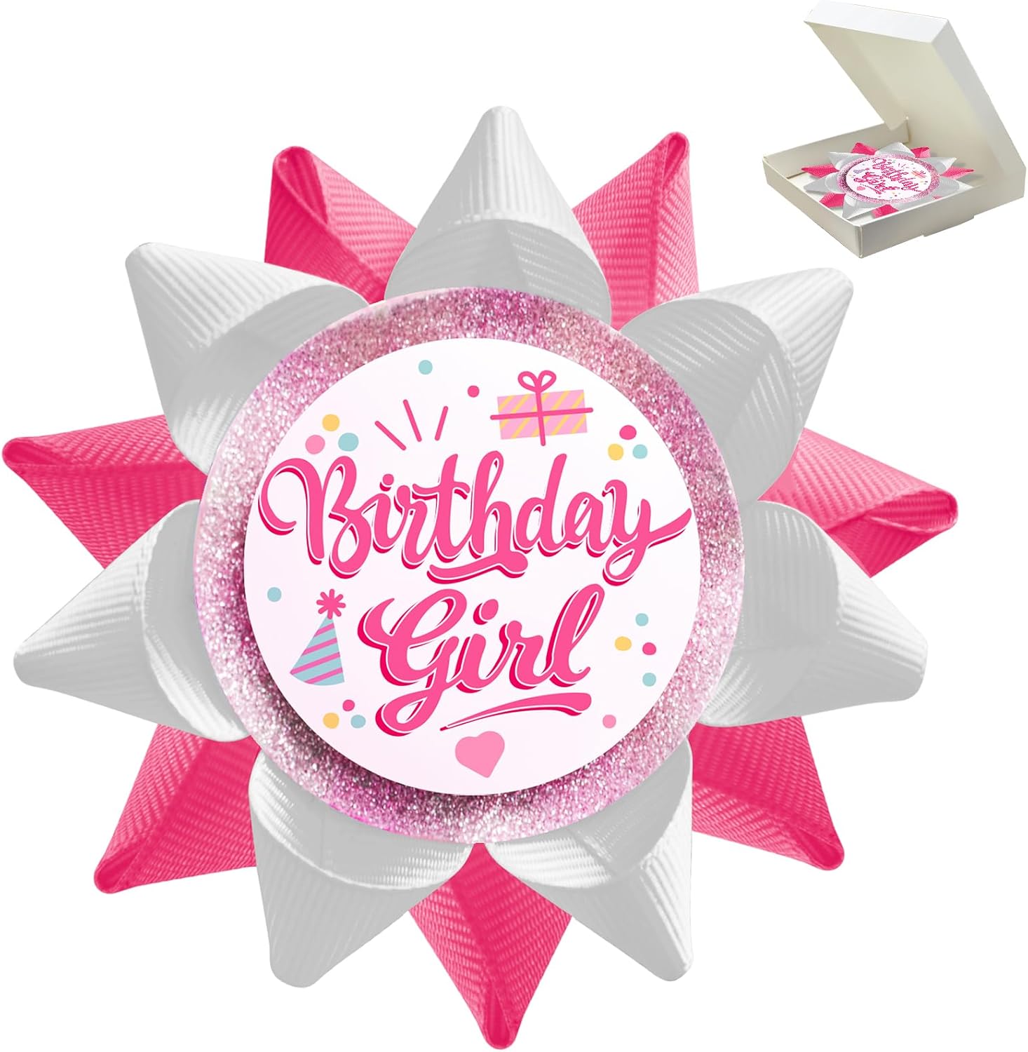 Handmade Birthday Girl Button, Happy Birthday Button Pins for Girls or Women, White Hot Pink Grosgrain Ribbon Pins for Birthday Party Decorations Supplies Accessories Gifts Ideas (3.75 * 3.75inch)