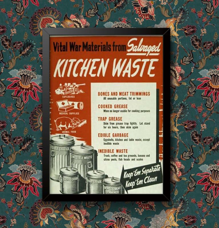 Vintage WWII Kitchen Waste War Materials World War 2 Poster WW2 Wall Art Print | (A4 Framed - Black Frame)
