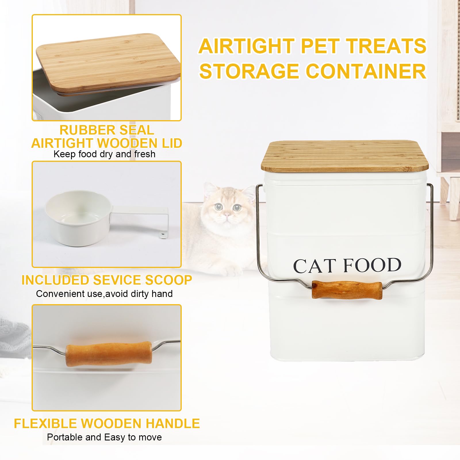 Geyecete Métal Conteneur Croquette Chats-6L Boîtes pour Nourriture et friandises Animaux-Hermétiques Bois Couvercles-Acier Carbone revêtu -Bac Croquette Chat avec Poignée-Blanc
