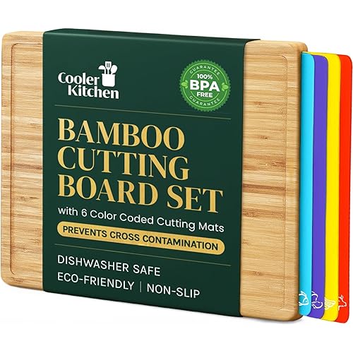 Cutting Boards for Kitchen – Bamboo Cutting Board Set with 6 Color-Coded Flexible Chopping Mats, Easy Clean Wood and Dishwasher-Safe Plastic, Large 17×12, Knife-Friendly by Cooler Kitchen