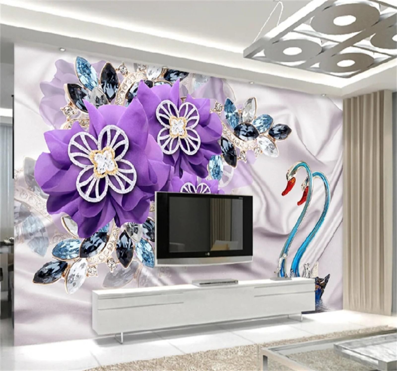 XLMING Luxury Purple Diamonds Flowers Swans 3D Wallpaper Luxury Silk Study Dining Feature Sofa Grey Bedroom Living Room Tv Decorative Wall-400cm×280cm