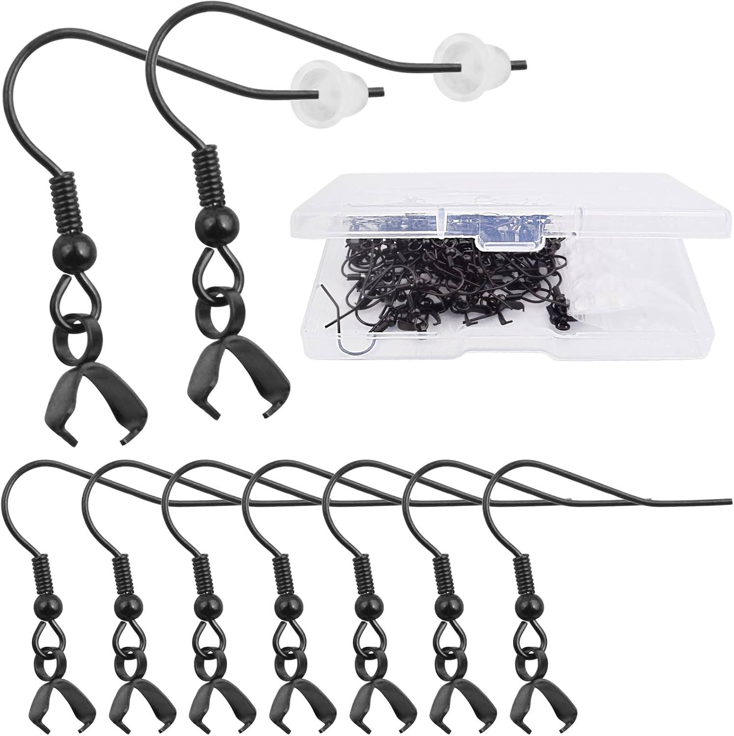 Aylifu 50pcs Black Pendant Clasp Earring Fish Hooks Stainless Steel Ear Wire Buckle Dangle Earrings with 50pcs Clear Earring Backs and a Box for DIY Jewelry Making