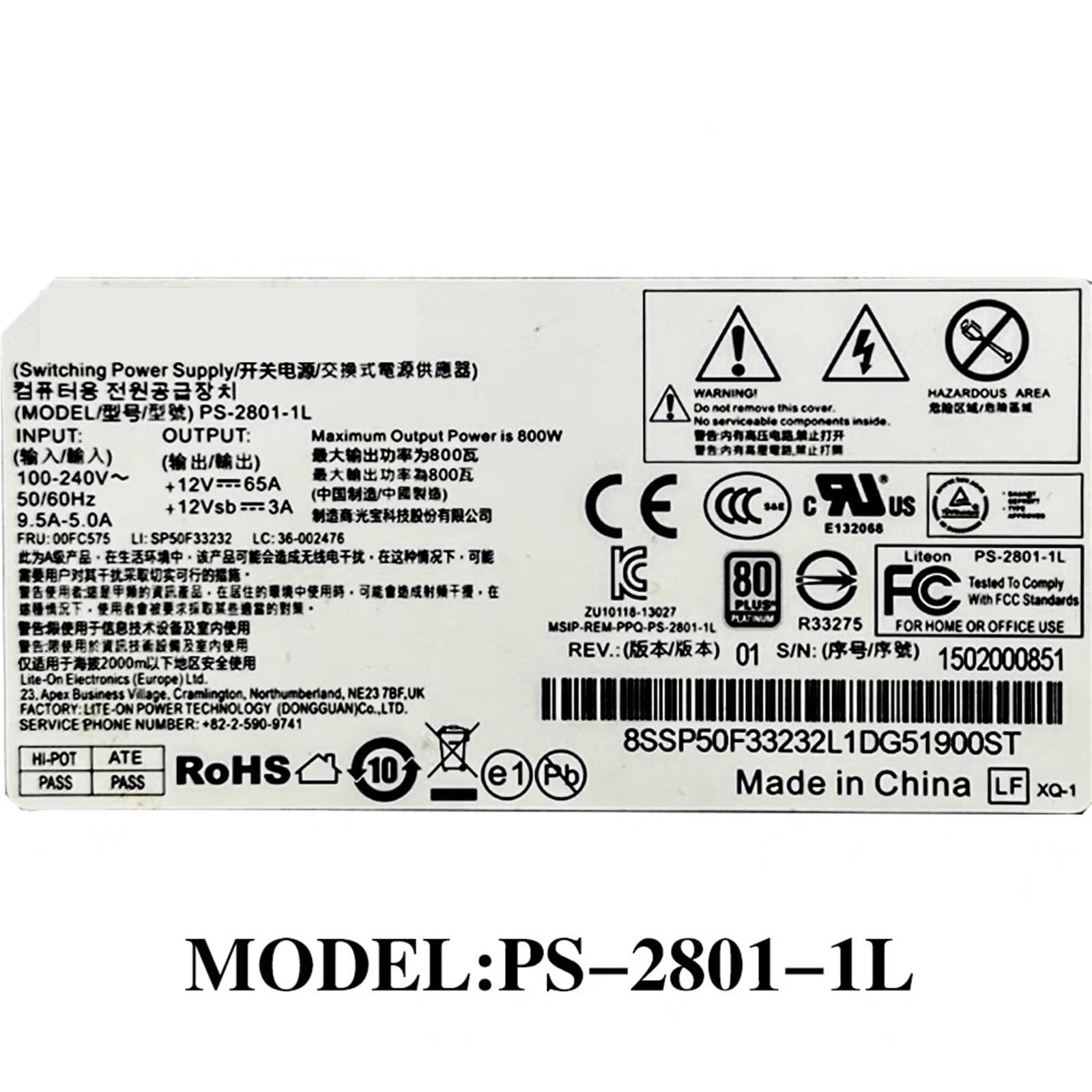 1 Uds 12V65A800WPS-2801-1L Servidor 800W módulo de Potencia redundante 800W