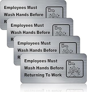 4 Pack Employees Must Wash Hands Sign, Employees Must Wash Hands Before Returning to Work Sign for Business,Brushed Aluminum with Strong Self-Adhesive, 7" x 3"