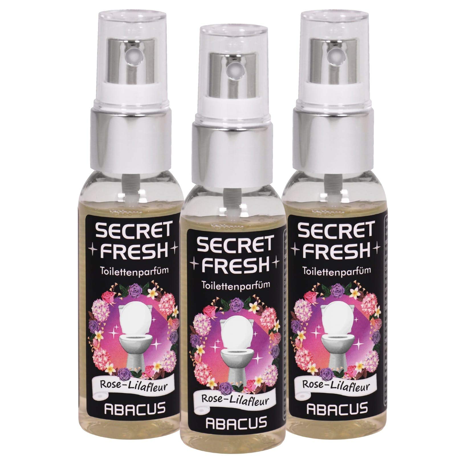 ABACUS® Secret Fresh Toilettenparfüm Rose-Lilafleur, Toiletten Parfüm – verhindert Gerüche & schützt vor peinlichen Situationen – Toiletten Parfum, Secret Fresh Toilettenparfüm 3x 50 ml (7400)