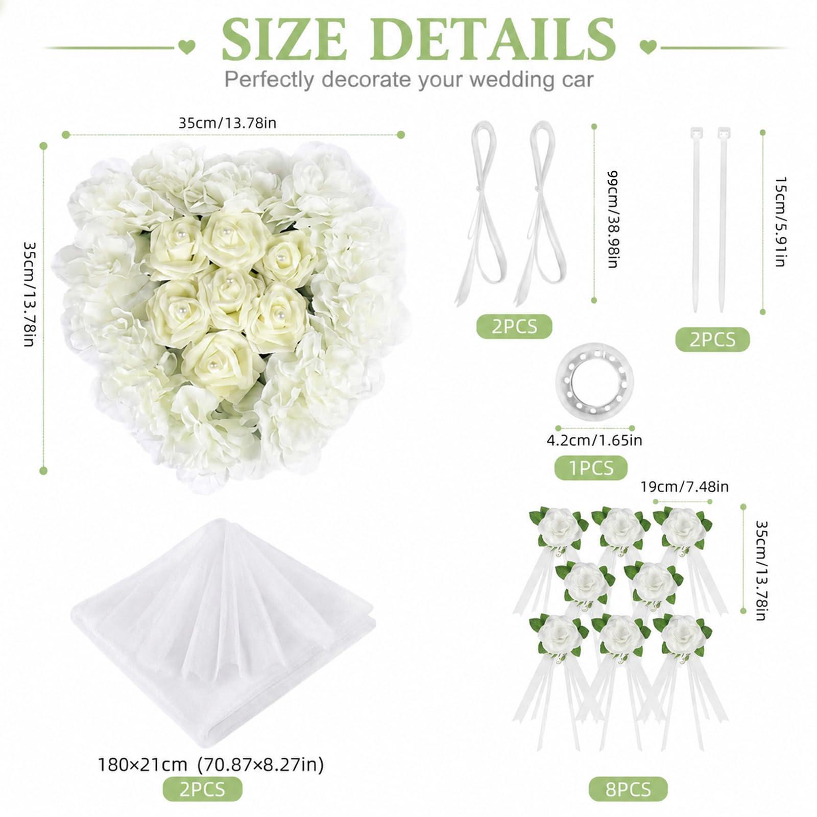 Herz Autoschmuck Hochzeit Set, Organza Girlanden & Rosen-Schleifen | 35cm Herzblumen-Deko, 8 Rosen-Schleifen, 2x180cm Organza-Bänder, starke Saugnäpfe, lackschonend, wiederverwendbar Brautauto