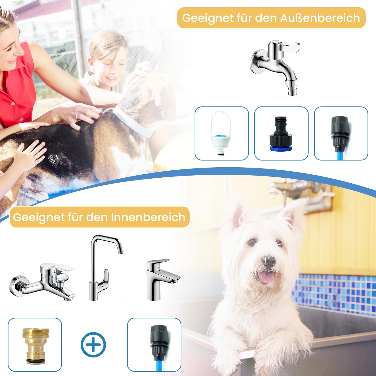 4 in 1 Hundebadbürste, Haustier Duschkopf, Hunde Badebürste mit 2.1 Meters PVC Schlauch und 3 Schlauchadapter, Hundebürsten für Schrubben, Massieren und Pflegen