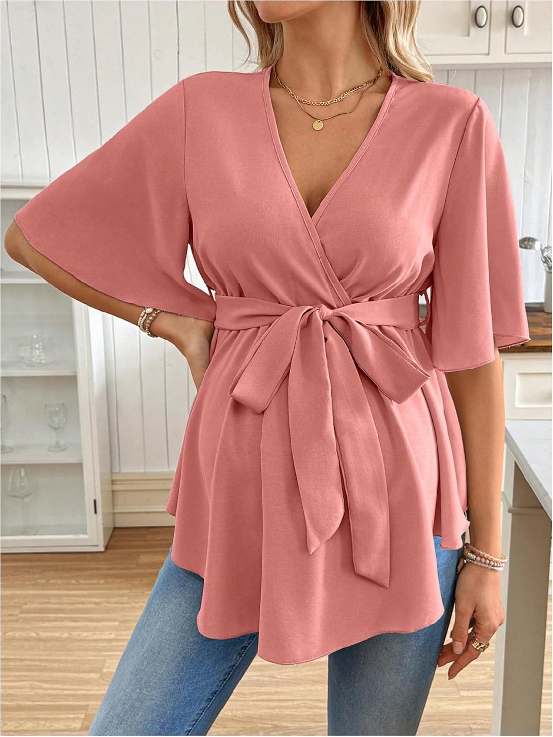 MakeMeChic Women's Maternity Nursing Blouse V Neck Wrap Ruffle Short Sleeve Belted Pregnancy Shirt Business Work Tops