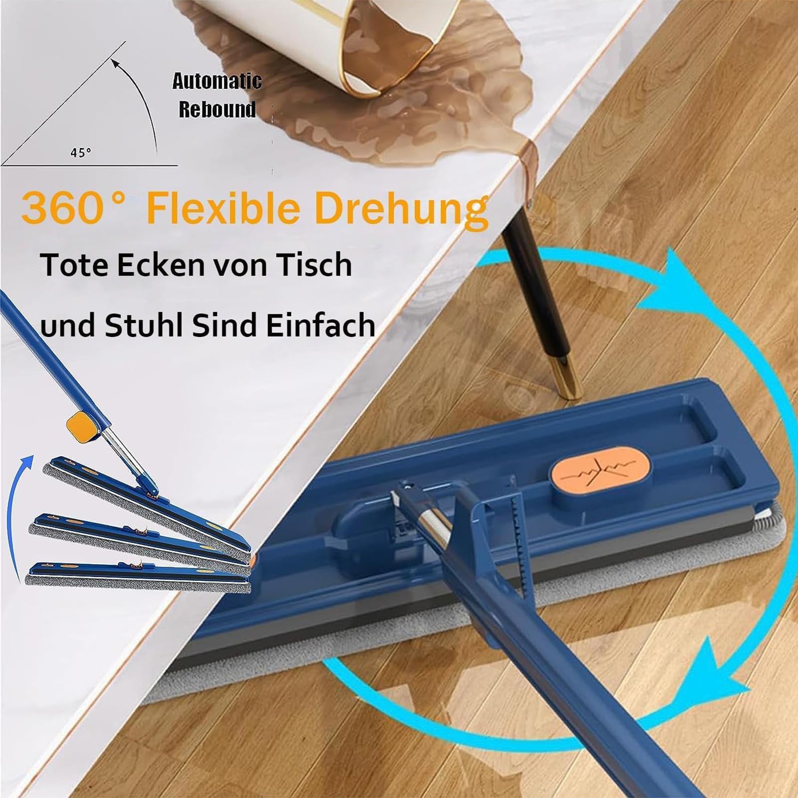 Großer Flacher Wischmopp,360° Drehgelenk Clean Bodenwischer Set Flachmopp mit Auswringfunktion,Flacher Mop Für Fliesen, Küche, Bad, Hartholz Laminat,Blue,4PCS Cloths
