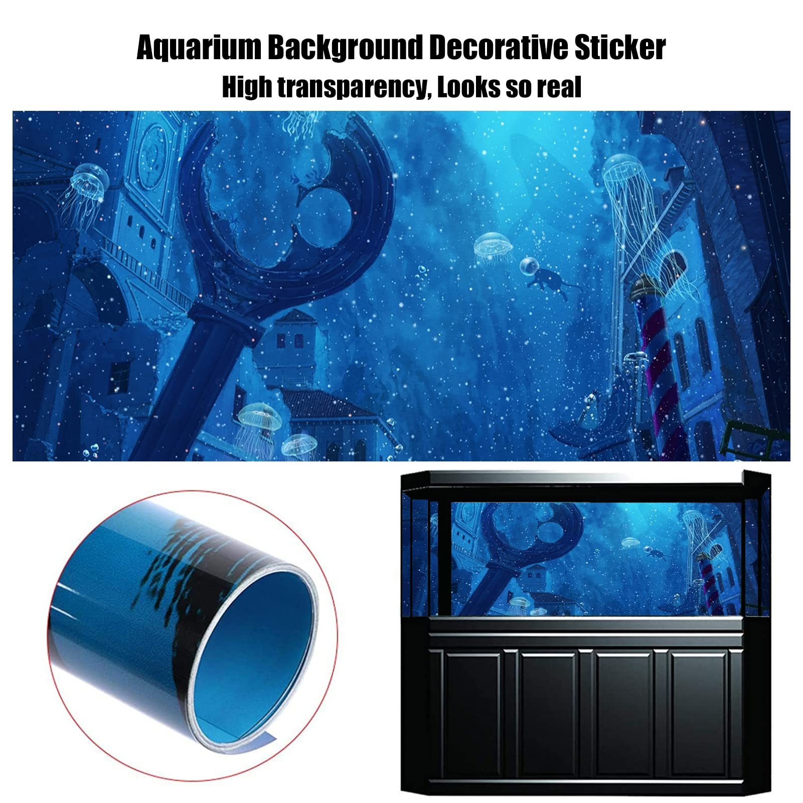 BAHULA Toile de fond 3D pour aquarium - Papier décoratif universel - Méduse du monde sous-marin - Poster de fond d'aquarium en PVC autocollant pour décoration d'aquarium - Paysage, 122 x 76 cm