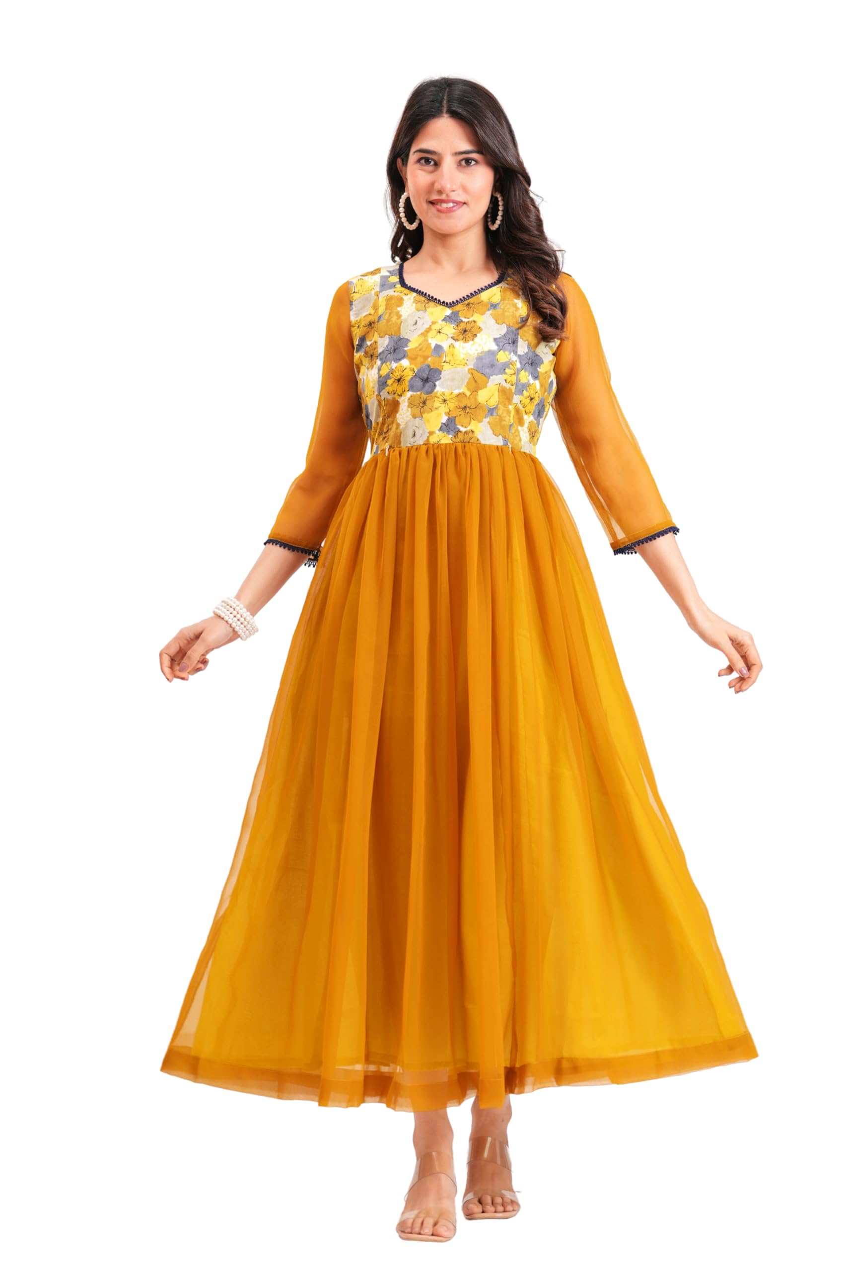shansh Women Floral Printed Georgette Maternity & Feeding Maxi Kurta, Mustard Yellow, 3/4 Sleeve Anarkali Gown with Hidden Zipper-picture-42