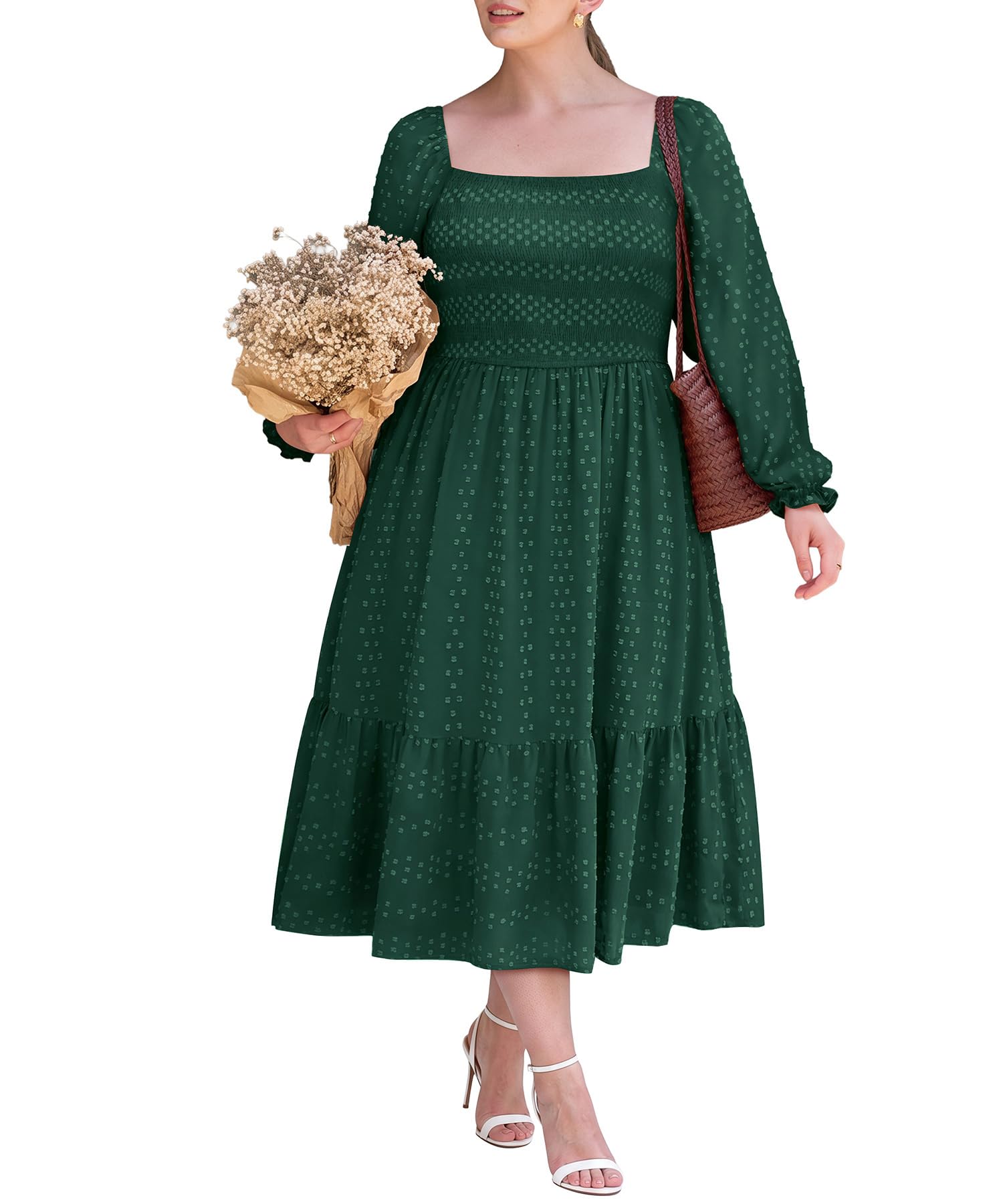 RITERA Herbstkleider in Übergröße für kurvige Frauen, Maxi-Hochzeitsgäste, langärmelig, gesmokt, schweizer Punkt, Winterkleid, Taschen, XL-5XL