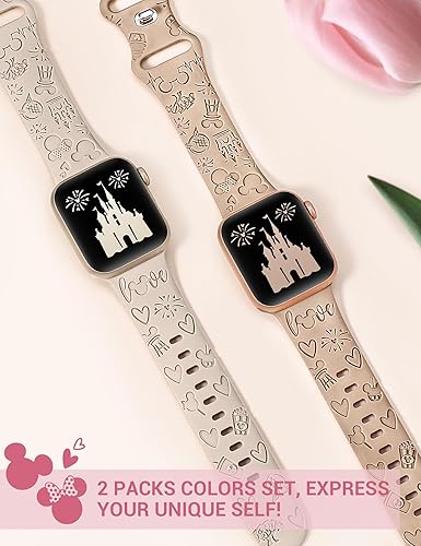 Miniatura 2 de Girovo Paquete de 2 correas de silicona suave grabadas con dibujos animados compatibles con Apple Watch de 414038424544461.929 in, correa de