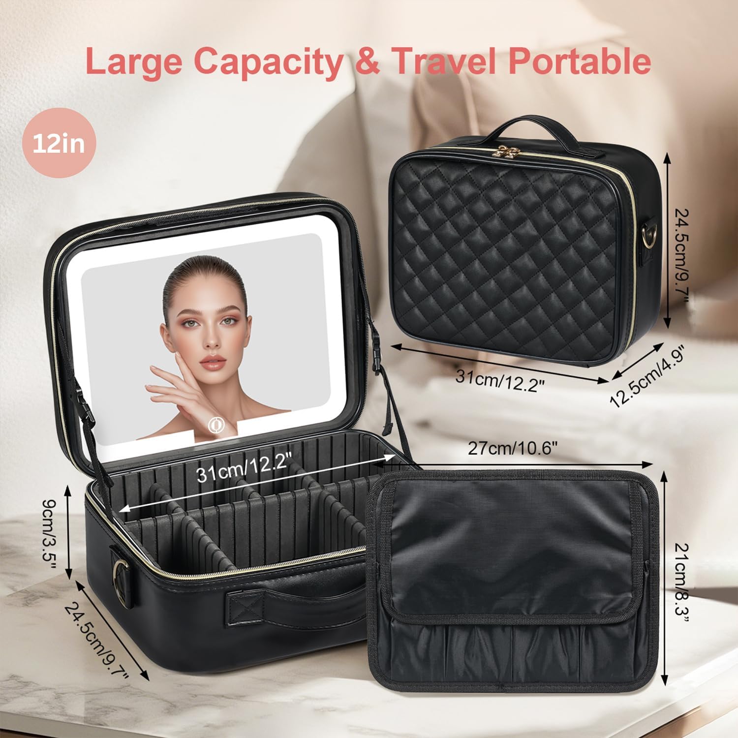 Makeup Case with LED Light Mirror, Professional Portable Travel Cosmetic Organizer Bah with Adjustable Dividers, USB Charging, Large Capacity, Ideal for Travel, Gift for Women Girls, Black - Image 5