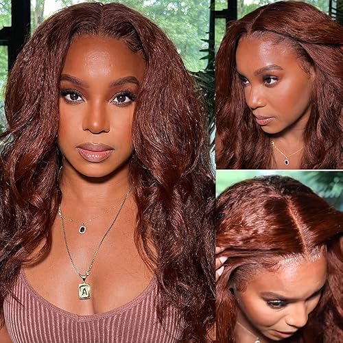 Beauty Forever #33B Reddish Brown Kinky Straight 13X4 Lace Frontal Wig Human Hair Wigs Brownish Color, 24 Inch Glueless Lace Front Wigs 150% Density Colored Human Hair Pre Plucked Wigs For Women