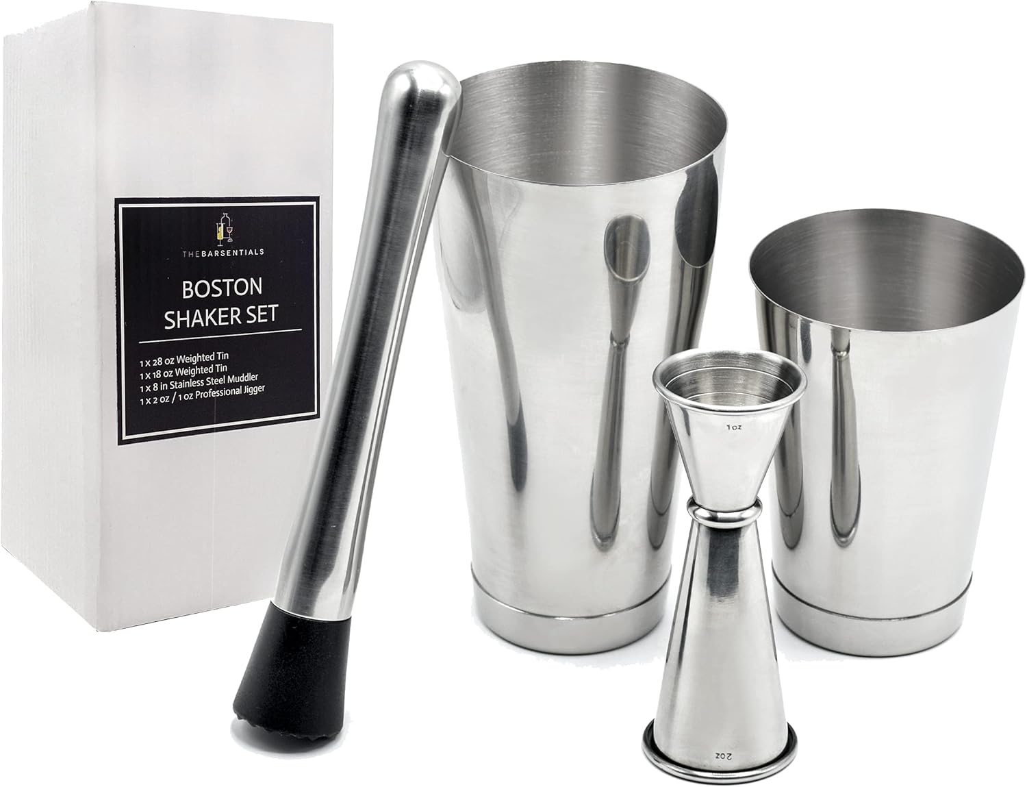 Boston Shaker Set for Cocktails with 28oz and 18oz Weighted Tins, Professional Muddler and Jigger - Stainless Steel Bar Tools (4pc set)
