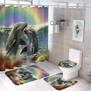 Amazon.com: 4 Pieces Romantic Dolphins Shower Curtain Sets for Bathroom Gorgeous Floral Sea ...