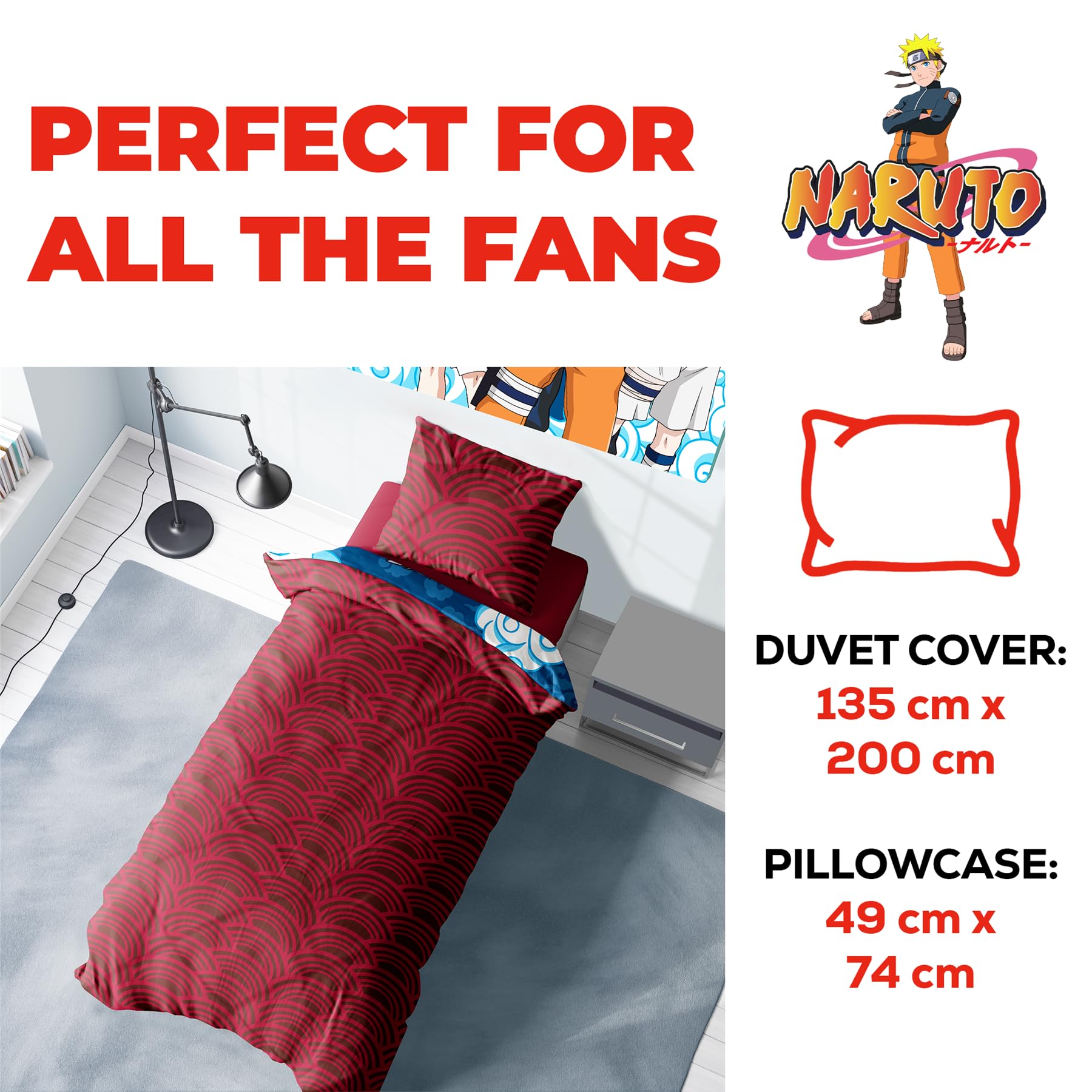 AYMAX Naruto Shippuden Set Copripiumino Reversibile 135x200 Cm, 100% Cotone, Federa Inclusa