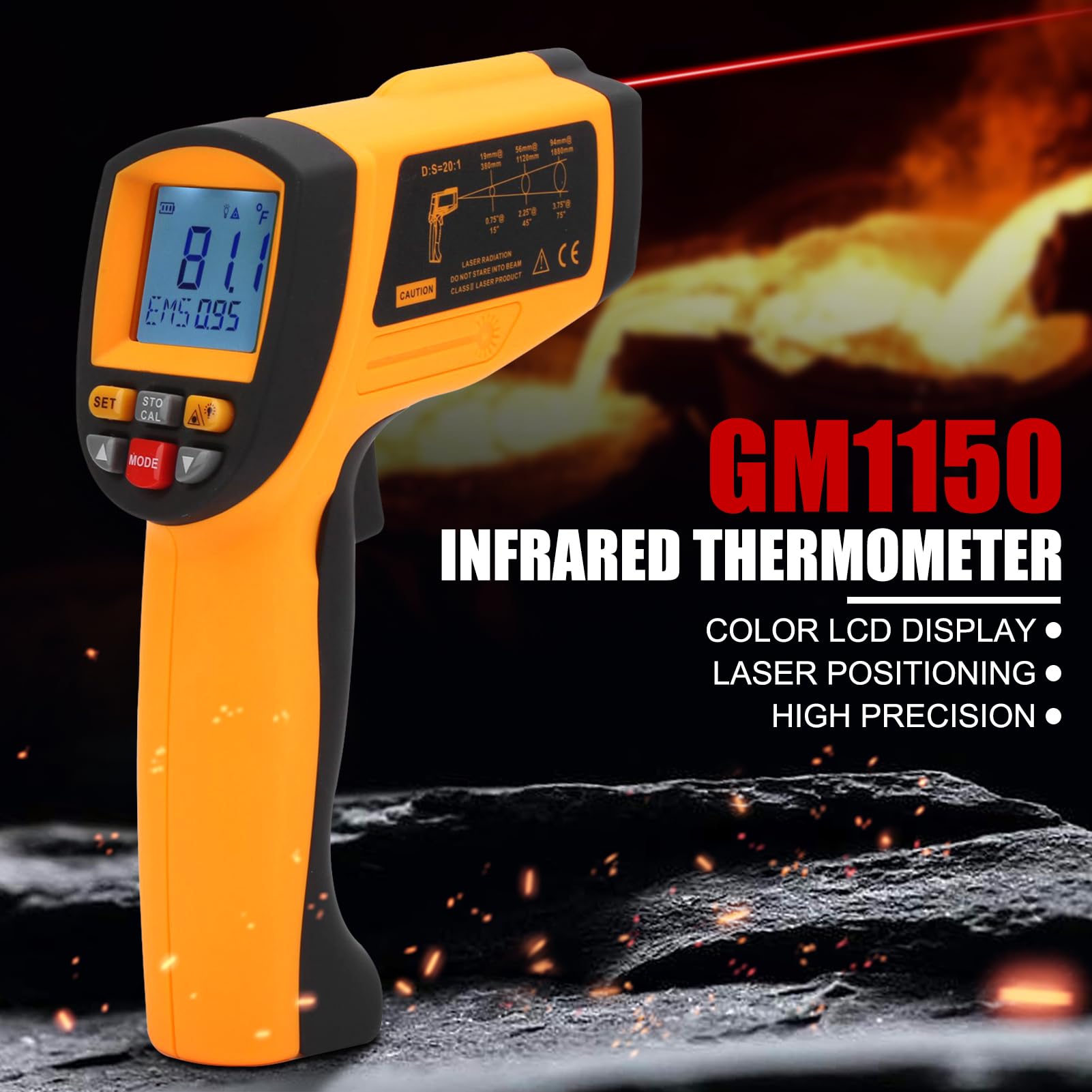 Termometro industriale a infrarossi da -30 °C a 1150 °C, con emissione regolabile, misurazione ad alta temperatura portatile senza contatto per produzione, trasformazione alimentare, HVAC