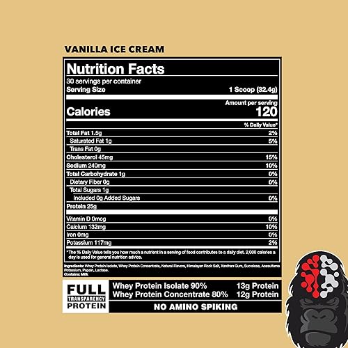 Miniatura 6 de Gorilla Mode - Proteína de suero de leche de alta calidad, helado de vainilla, 0.88oz de proteína de suero aislado y concentrado, recupera y