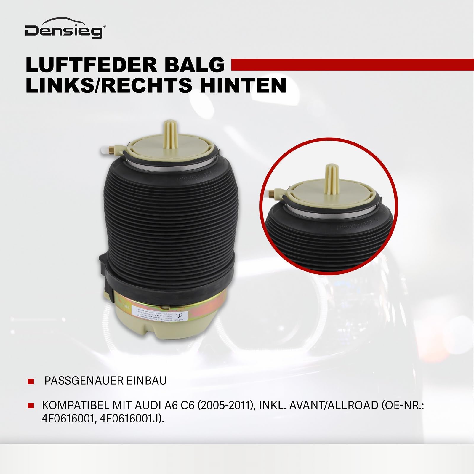 Luftfederung hinten für Audi A6 C6 4F Allroad Quattro (2004–2011) – Federbalg Air Suspension Ersatz 4F0616001 / 4F0616001J – Hinterachse Luftfeder