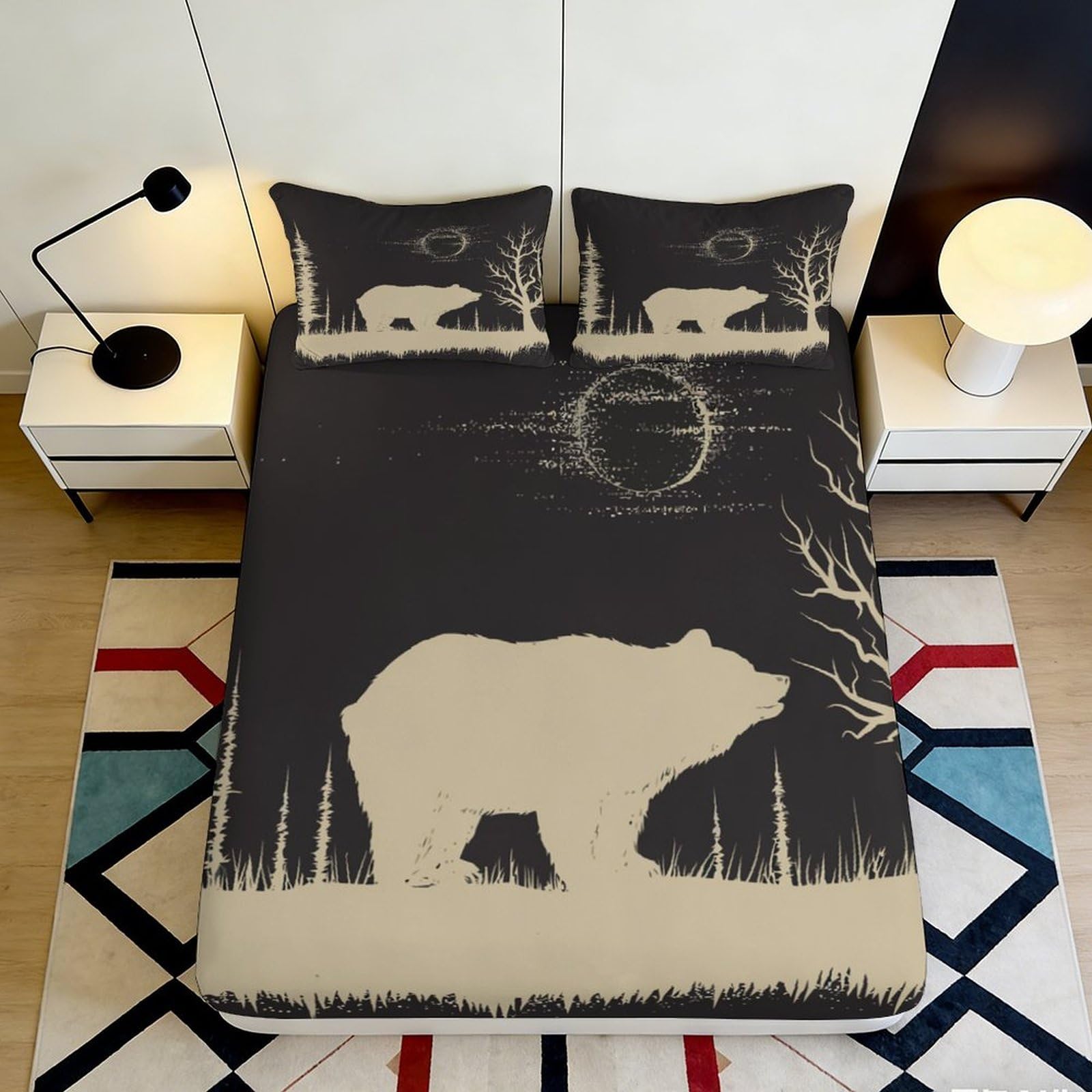 3D Printed Bear Forest Fitted Sheet Microfiber Deep Pocket Bedroom Bear Pattern Mattress Fitted Cover Elastic Washable 120x200x25cm