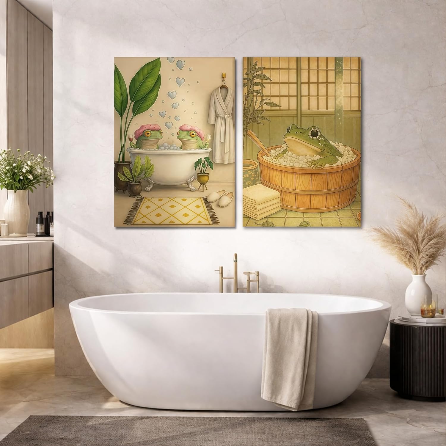 Japanese Frog Bathroom Wall Art Set Of 2 Framed Canvas Prints Japandi Wall Decor Minimalist Zen Japanese Bathroom Art For Restroom Powder Room Spa Room 12 X 16 Inches