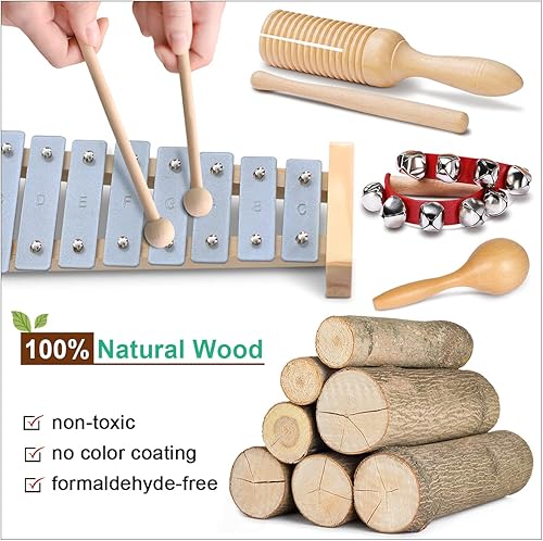 Miniatura 3 de LOOIKOOS Instrumentos musicales internacionales de madera natural para niños pequeños y niños juguetes musicales educativos ecológicos con bolsa de