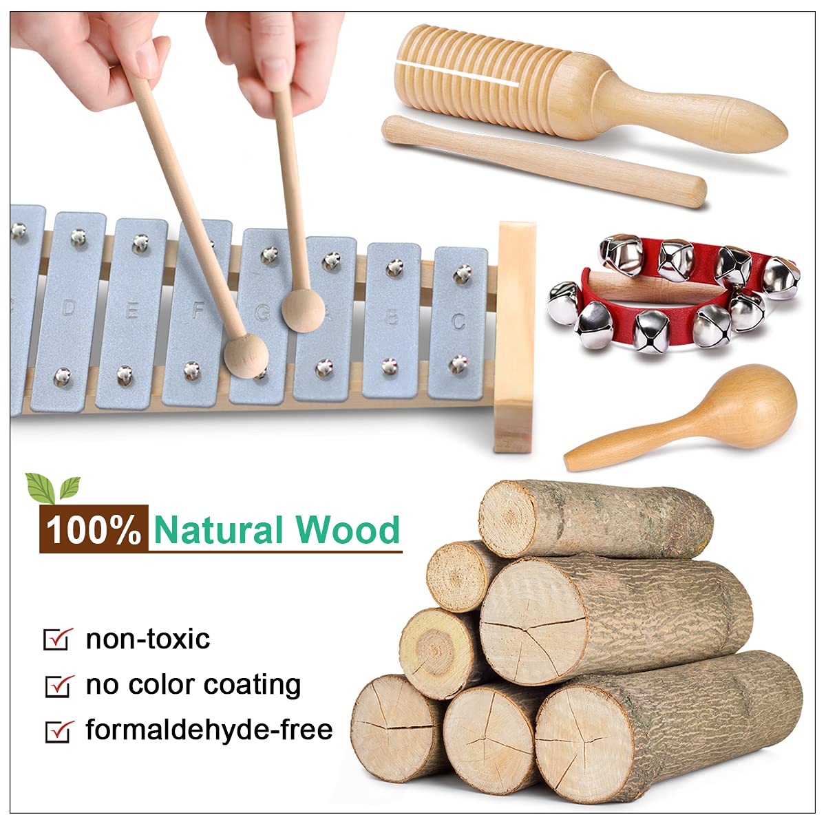 LOOIKOOS Toddler Musical Instruments International Natural Wooden Music Set for Toddlers and Kids - Eco Friendly Preschool Educational Musical Toys with Storage Bag, view 2