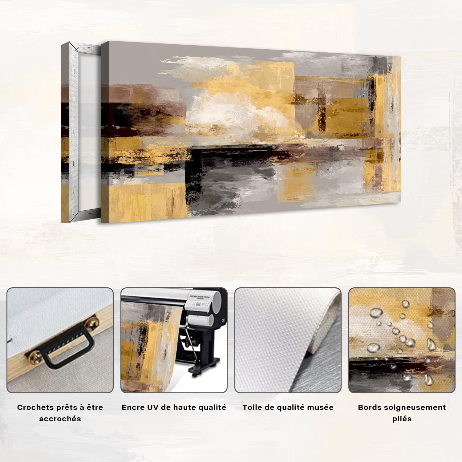 AREBOLO Grande Tableau Décorative Abstrait 50x100 cm - Affiches Impression sur Toile Moderne - Décoration Murale pour Salon et Chambre Or Jaune - Noir Beige - Abstraction Décoration Murale Luxe
