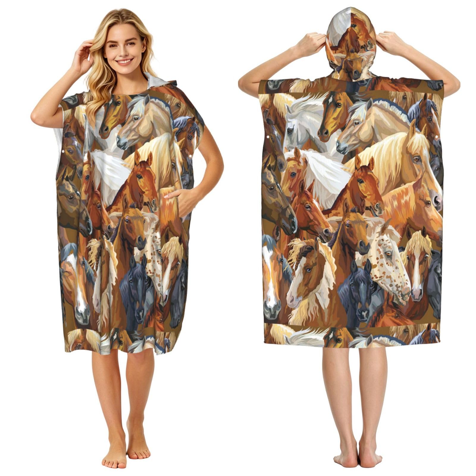 Poadnly Watercolor Animal Horse Printed, Adult Hooded Beach Towel 90 x 110 cm,Changing Bath Robe, Surf Poncho Towel For Women Men