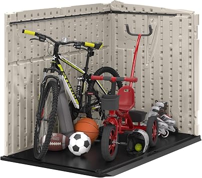 Suncast 5.9 ft. x 3.7 ft Horizontal Stow-Away Storage Shed - Natural Wood-Like Outdoor Storage for Trash Cans and Yard Tools - All-Weather Resin, Hinged Lid, Reinforced Floor - Made in the USA