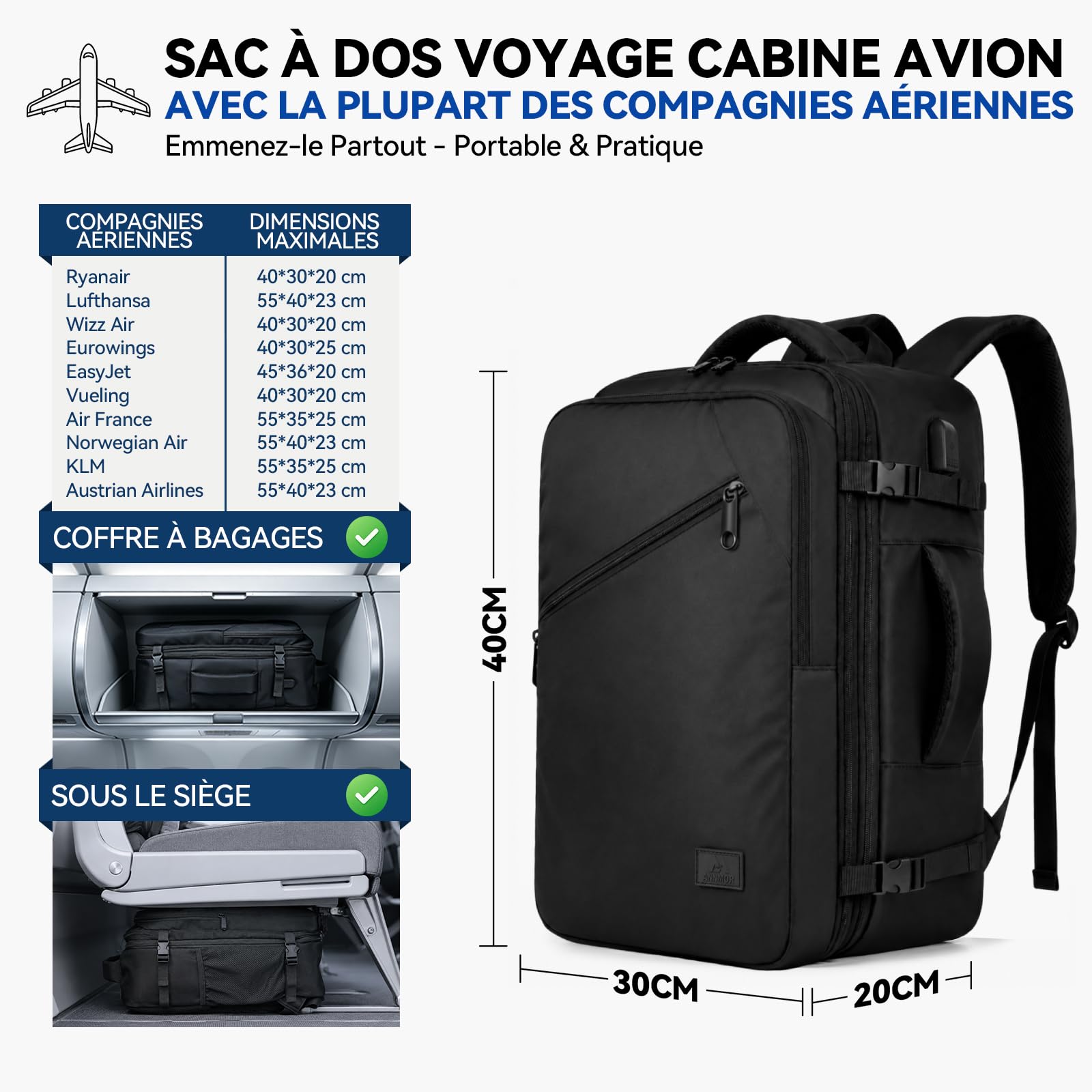 Sac a Dos Voyage Cabine Avion, 24L Sac a Dos Cabine Avion 40x30x20, Extensible jusqu'à 30L Conforme Air France, Ryanair, Compartiment Ordinateur 15,6 Pouces & Port USB Pour Voyages - Noir