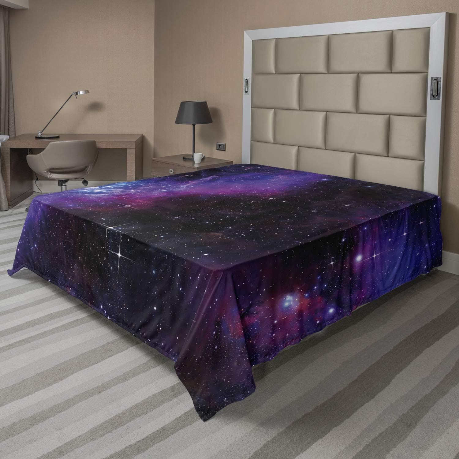 Ambesonne Space Flat Sheet, Nebula Dark Galaxy Luminous Stars and Cosmic Rays Astronomy Explore Theme, Soft Comfortable Top Sheet Decorative Bedding 1 Piece, Queen Size, Lilac Blue