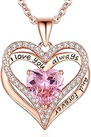 GIFON S925 Sterling Silver Rose Gold Heart Necklace with CZ Birthstone - I Love You Always Forever Engraved Gift for Wife, Mom, Girlfriend