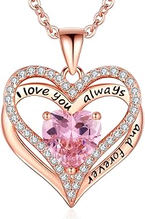GIFON S925 Sterling Silver Rose Gold Heart Necklace with CZ Birthstone - I Love You Always Forever Engraved Gift for Wife, Mom, Girlfriend