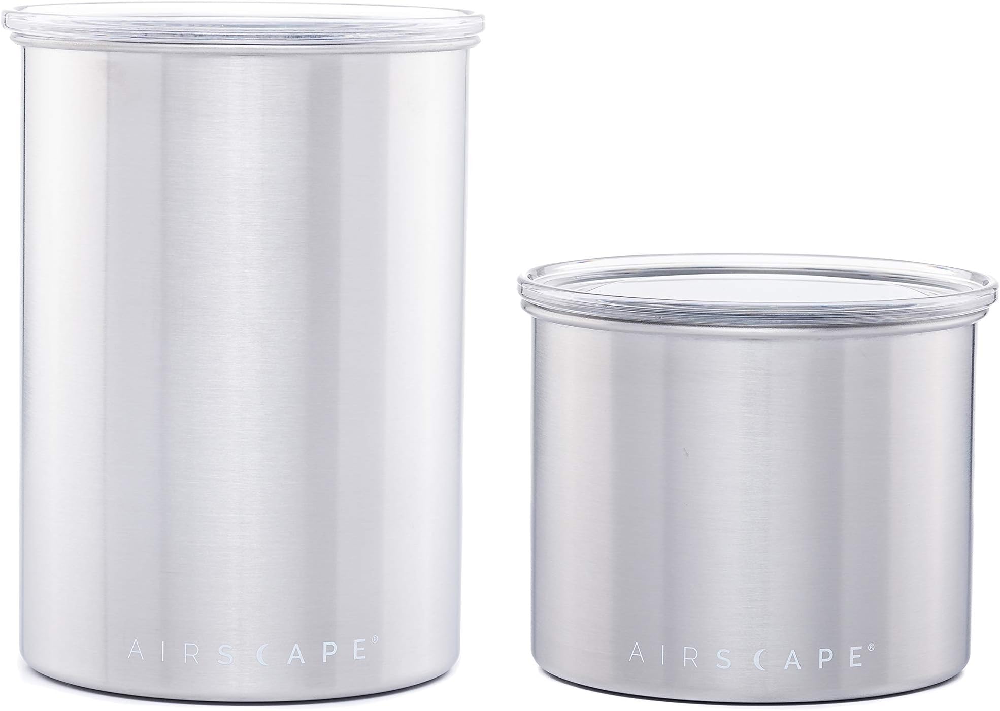 Airscape Stainless Steel Coffee Canister - Set of 2 - Food Storage Container - US Patented Airtight Lid Pushes Out Excess Air - Preserve Food Freshness (Small & Medium, Brushed Steel)