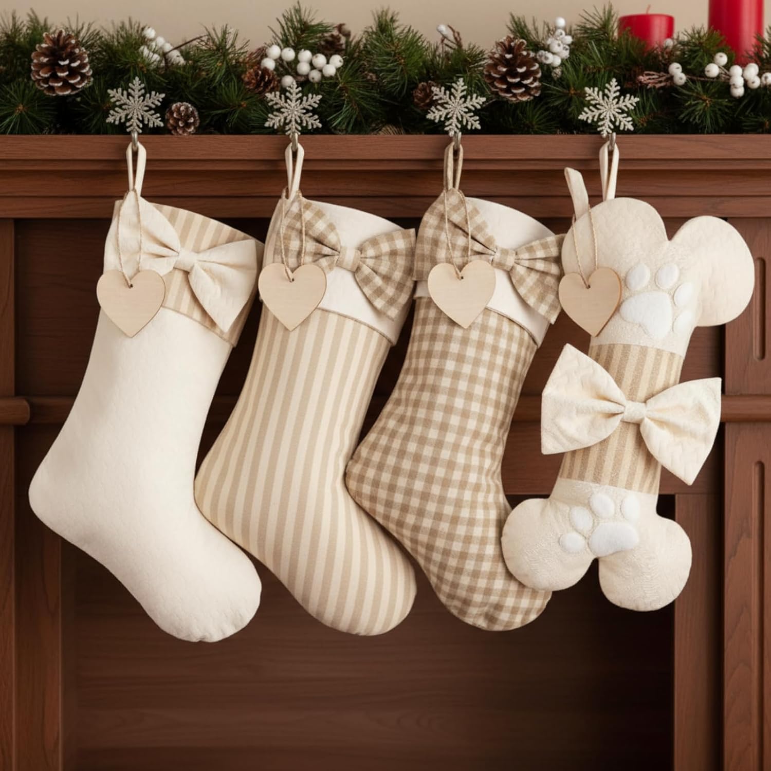 Realspring 4 Pack Burlap Christmas Stockings with Wooden Name Tag for Dogs 18" Large Boho Rustic Farmhouse Neutral Bone Shape Stocking Beige Plaid Bow Hanging Ornament for Family Fireplace Xmas Season