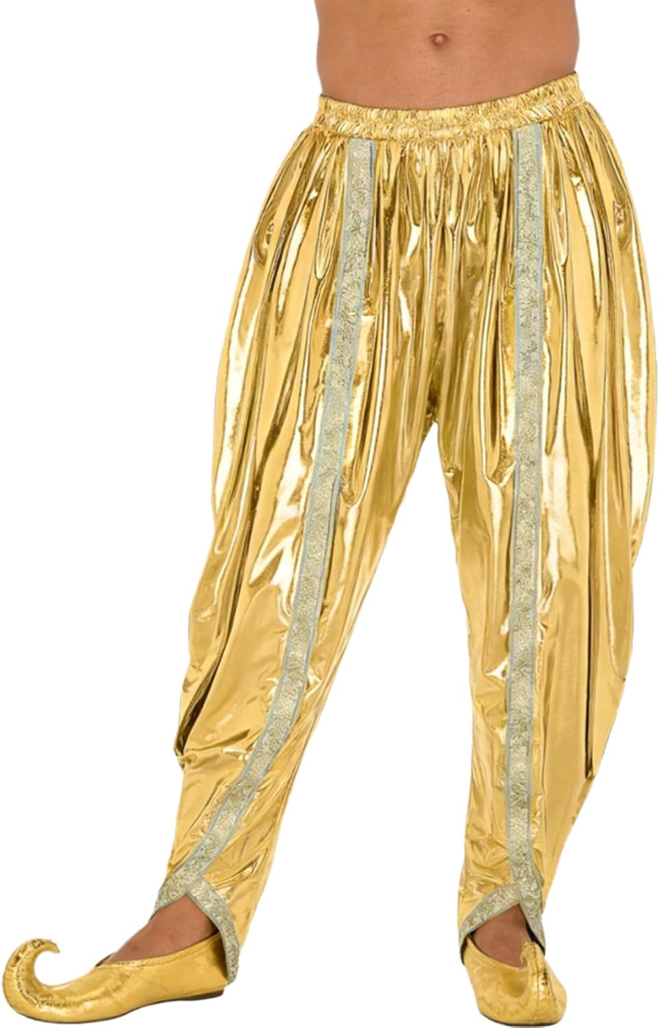 Jhaoyu Mens India Dhoti Pants Shiny Metallic Gold Trim Baggy Harem Pants Halloween Costume