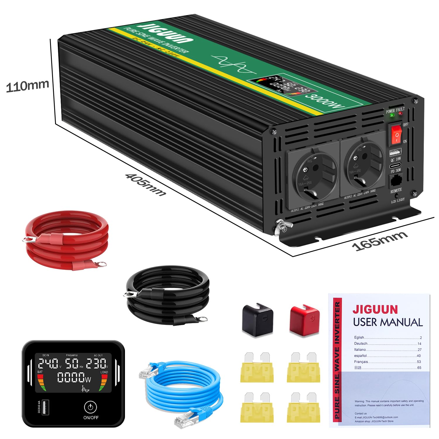 JIGUUN 3000W inverter 24V 220V onda pura Trasformatore con 2 prese EU e una porta USB 2.1A - Telecomando senza fili e display LCD Potenza di picco 6000W per camion camper emergenza