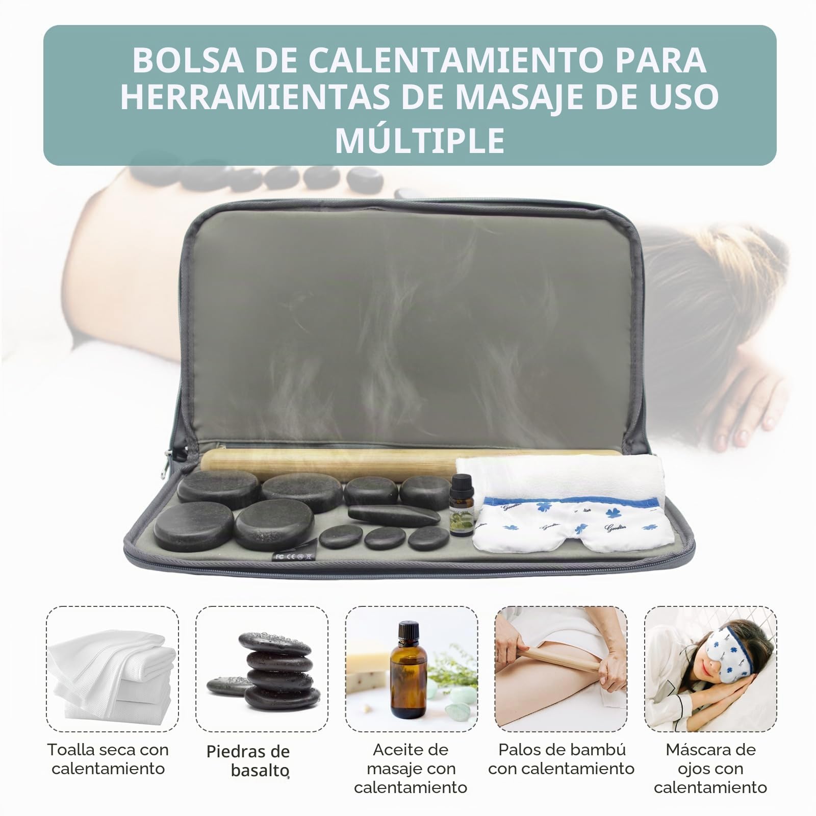 Juego De Piedras De Masaje Con Kit Calentador Hot Rocks Bambú Para Masaje Piedras Calientes Kit Calentador De Masaje Con Control De Temperatura Y Bolsa De Transporte Para Uso Domésti