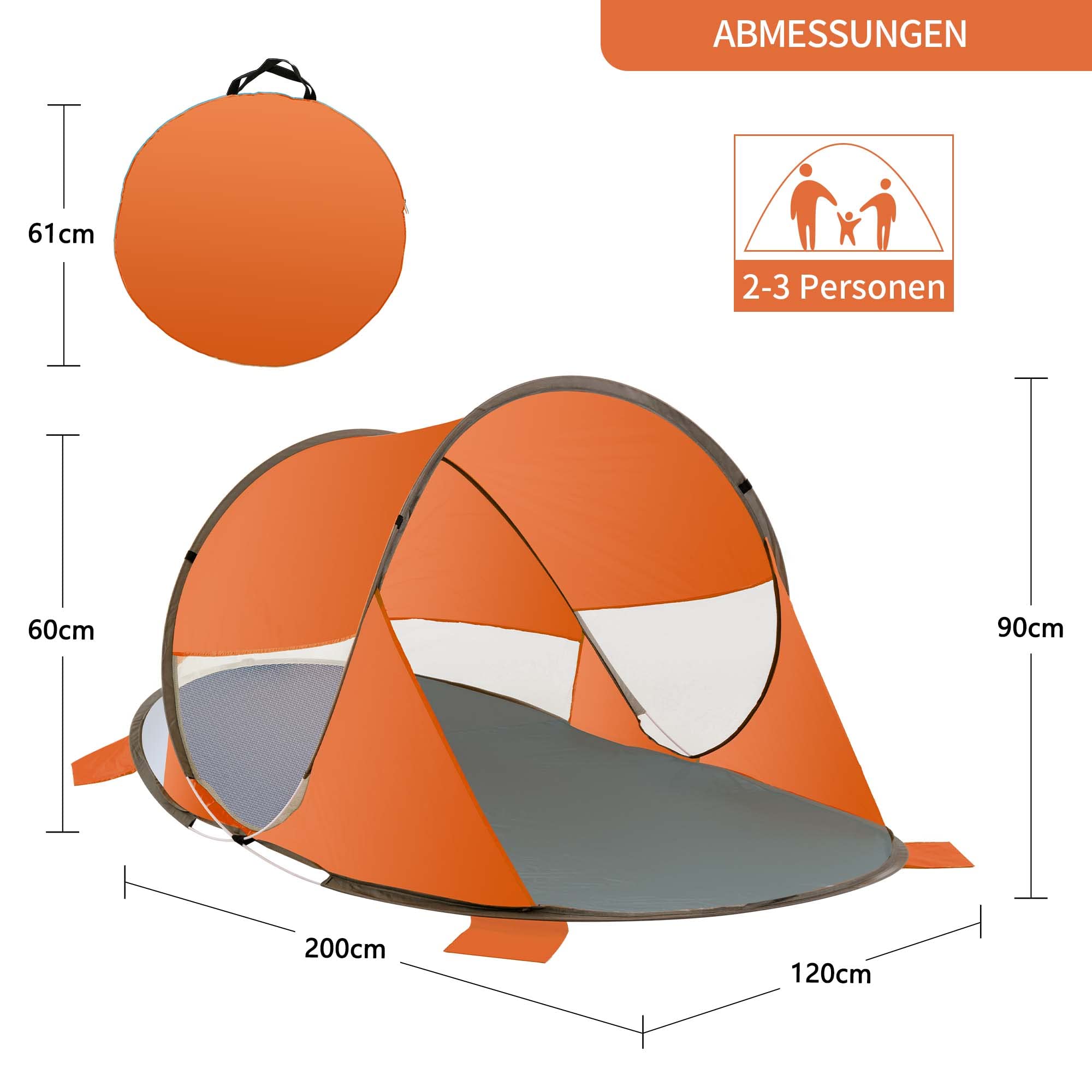 Duhome Abri de Plage Pop Up Pliable Tente Anti UV de Plage 2-3 Personnes Protection Solaire avec Sac pour Camping Jardin, Orange