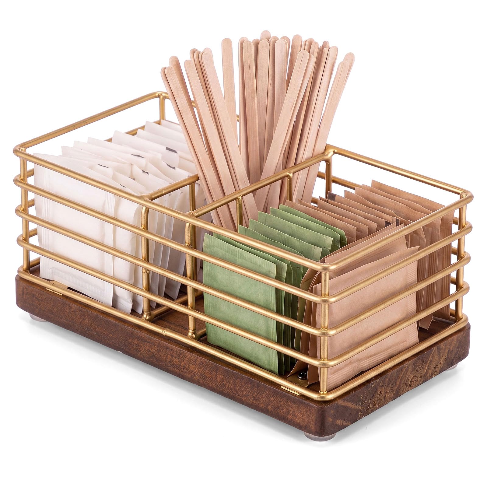 Geelin Sugar Packet Holder for Coffee Bar, 3 Slot, Wood Wire, Rustic Gold